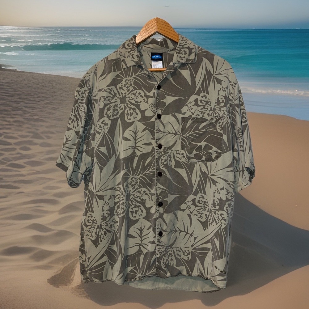 Kavu Performance Shirt Men S Green Hawaiian Tropical Short Sleeve Lyocell